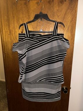 Saks Fifth Avenue Black and White Striped One-Shoulder Dress